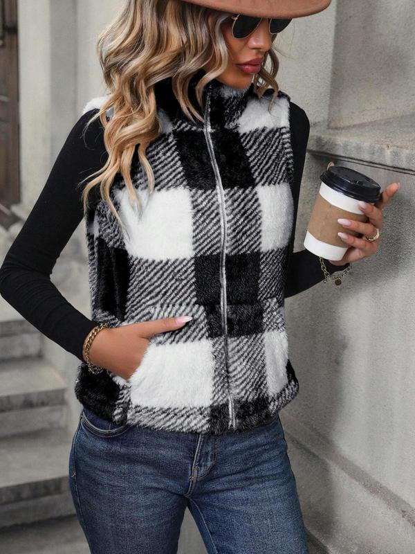 Women's Plaid Print Pocket Zip Up Fuzzy Vest Jacket, Casual Stand Collar Sleeveless Outerwear for Fall & Winter, Ladies Clothes for Daily Wear