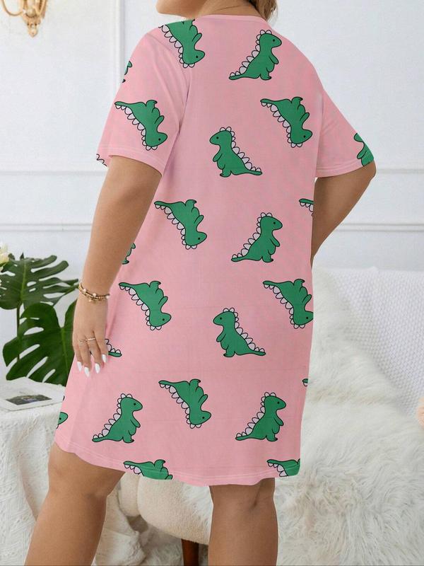  Dinosaur Print Round Neck Nightdress, Casual Soft Comfortable Short Sleeve Nightgown for Women, Women's Sleepwear for All Seasons