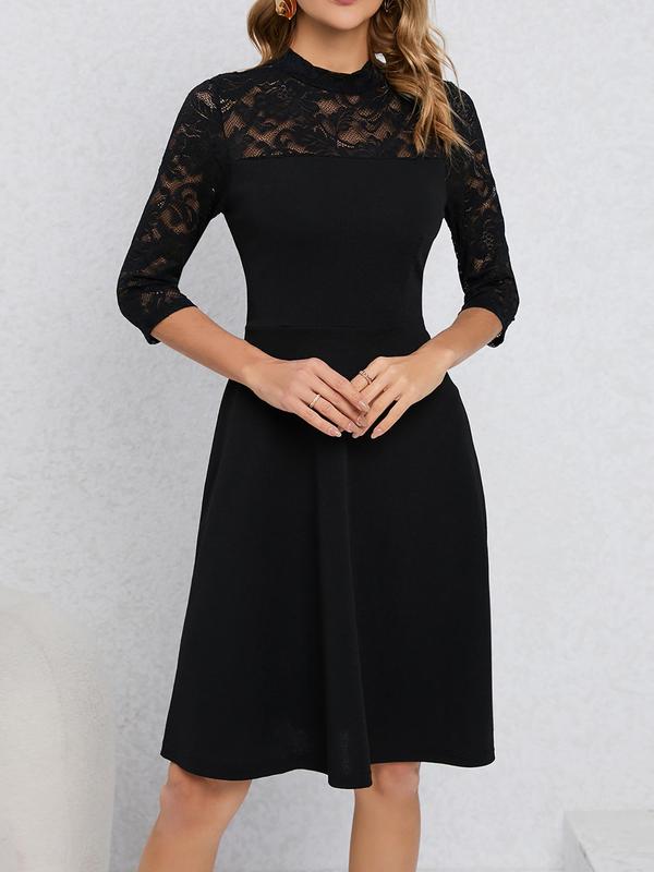 Women's Contrast Lace Zipper Back A Line Dress, Elegant Mock Neck Knee Length Dress for Party Holiday Wedding Guest, Ladies Summer Clothes