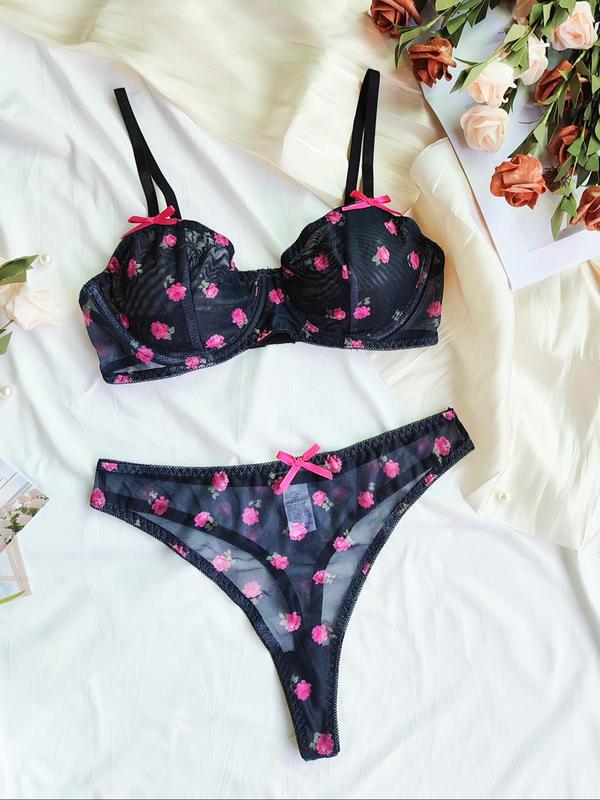 Women's Ditsy Floral Print Underwire Bra & Bow Decor Panty Two-piece Set, Adjustable Strap Push Up Bra & Knicker, Lingerie Set for Women