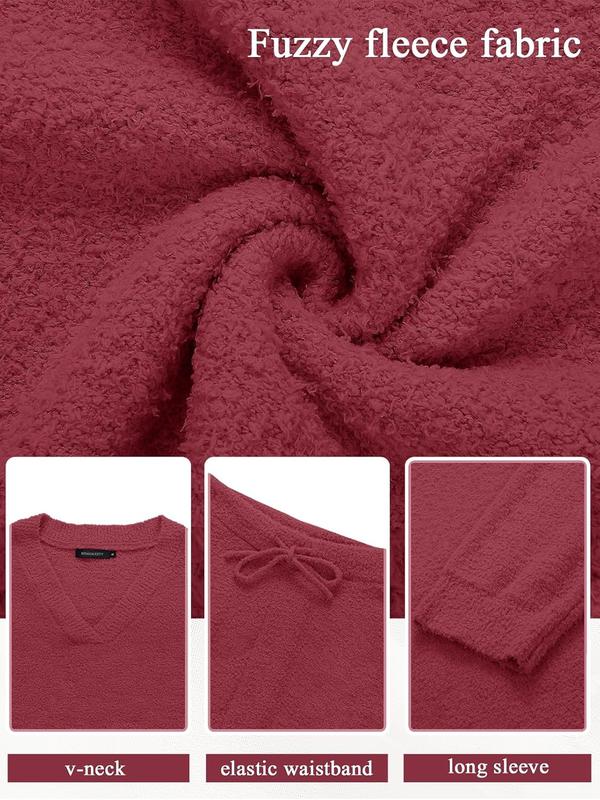 MEROKEETY Women's 2 Piece Outfits Fuzzy Fleece Pajama Set Long Sleeve Top Wide Leg Pants Loungewear Musthaves Pinkaesthetic Shoppingaddict Tiktokshopvalentinesday