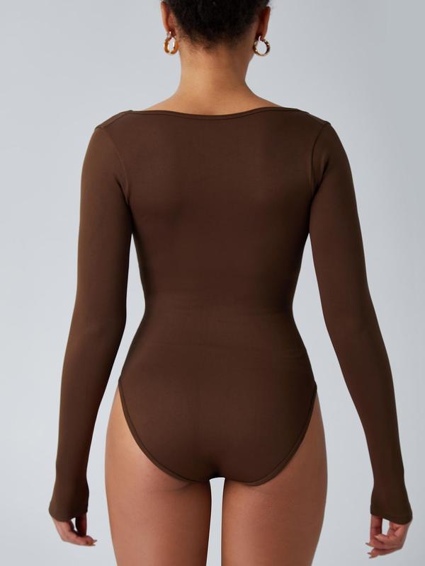 Women's Solid Square Neck Long Sleeve Shapewear Bodysuit, Casual Comfy High Stretch Shaper for Daily Wear, Ladies Shapewear for All Seasons