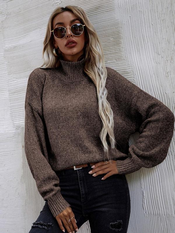 Women's Solid Drop Shoulder High Neck Sweater, Casual Long Sleeve Jumper for Fall & Winter, Fashion Ladies' Knitwear for Daily Wear