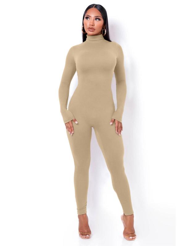 Women's Plain Turtleneck Body Sculpting Jumpsuit, Stretchy Jumpsuit Womenswear, Matching Workout Sport One Piece Bodycon Jumpsuit