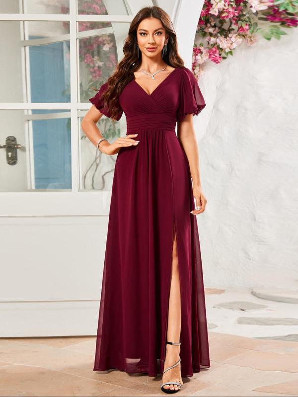 Women's Plain Backless Split Thigh Chiffon Evening Dress, Elegant Formal Wear, Puff Sleeve V Neck Zipper Back A Line Dress for Party & Banquet, Ladies' Clothes for All Seasons