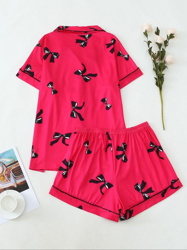 Two-Piece Set Women's Bow Print Lapel Shirt & Pants Pyjama, Casual Comfy Short Sleeve Pocket Top & Trousers Set, Ladies Summer Sleepwear