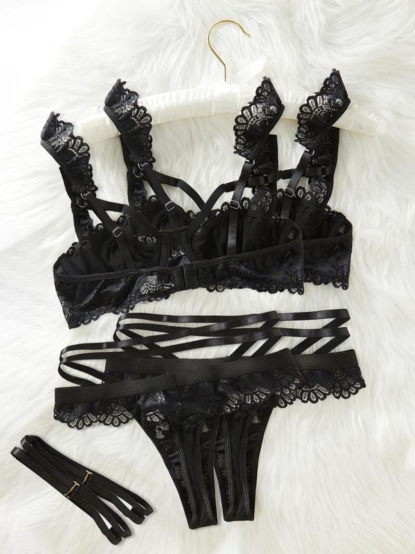 Women's Contrast Lace Bra & Thigh Ring & Thong Set, Sexy Scallop Trim Lingerie Set, Women's Underwear Set for All Seasons