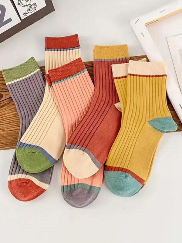 Women's 5 Pairs Colorblock Crew Socks, Fashion Casual Cozy Breathable Mid-calf Socks for Daily Outdoor Wear, Women Socks for Spring Fall