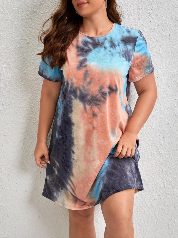 Plus Size Tie Dye Print Round Neck Nightdress, Casual Soft Crew Neck Short Sleeve Nightgown for Women, Women's Sleepwear for Summer