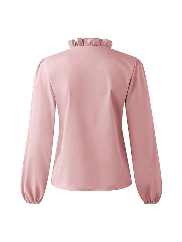 Women's Plain Ruffle Trim V Neck Long Sleeve Blouse, Elegant Solid Color Bishop Sleeve Top for Spring & Fall, Women's Clothes,  Fall Clothing Women