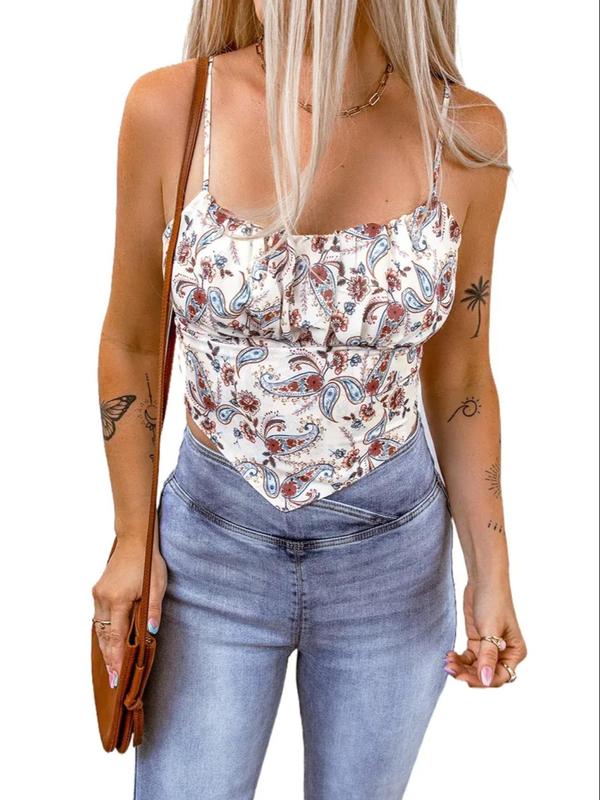 Women's Paisley Print Tie Back Ruched Asymmetrical Hem Vintage Crop Cami Top, Adjustable Strap Backless Top for Daily Wear, Ladies Clothes for All Seasons