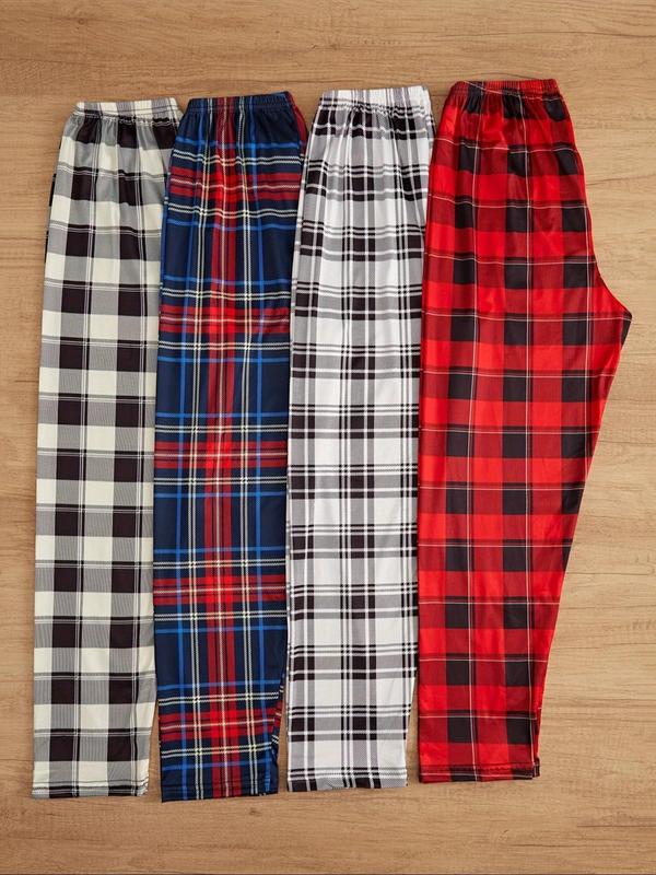 Women's Christmas Themed Plaid Print Elastic Waist Sleep Pants, Pj Pants, Casual Comfy Lounge Pants for Spring & Fall, Ladies Sleepwear for Indoor Wear