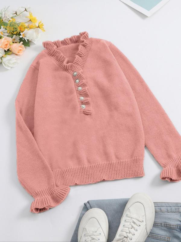 Womenswear Plain Frill Trim Ruffle Trim Button Front Sweater, Fall Outfits, Minimalist Elegant Comfort Long Sleeve V Neck Jumper for Fall , Fashion Women's Knitwear for Daily Wear, Fall Outfits, Fallfreshness