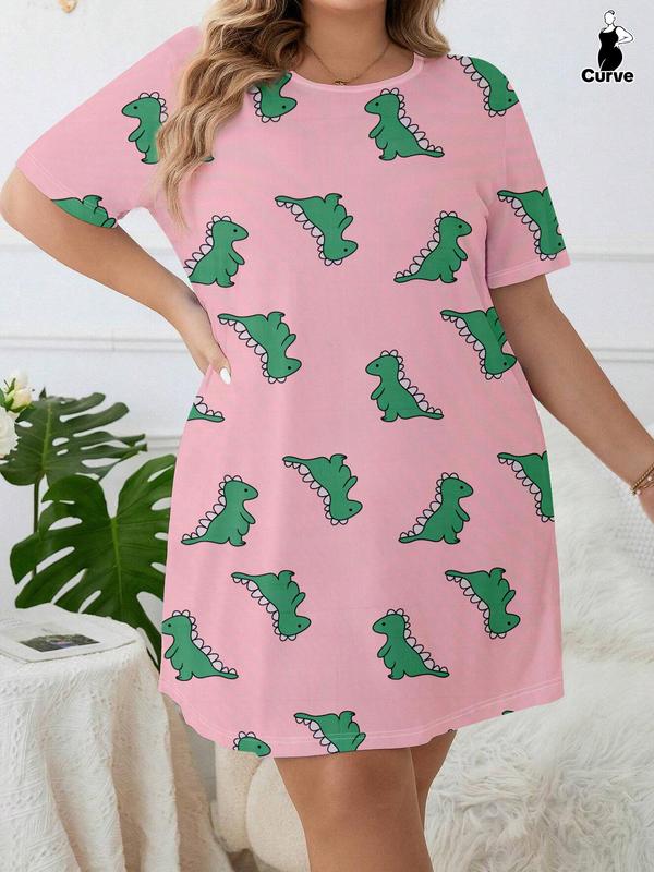  Dinosaur Print Round Neck Nightdress, Casual Soft Comfortable Short Sleeve Nightgown for Women, Women's Sleepwear for All Seasons