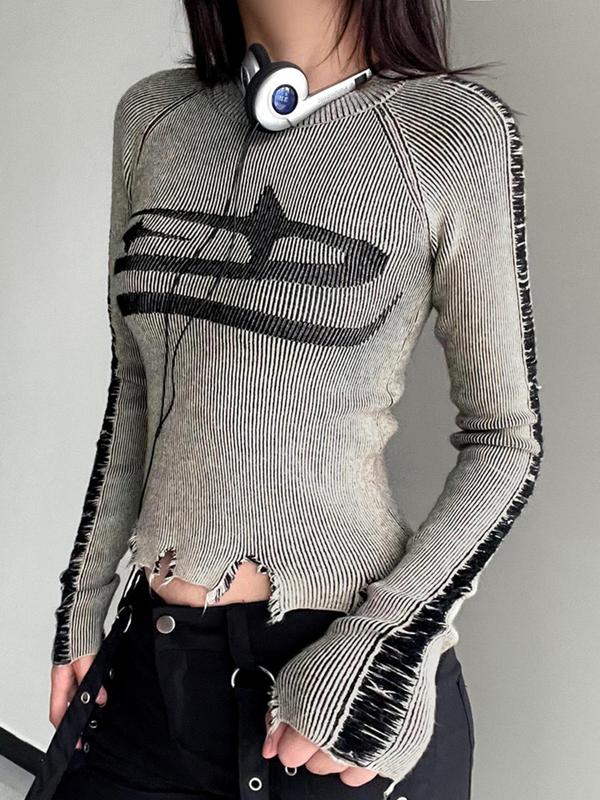 Ripped Graphic Raglan Sleeve Crop Sweater, Femboy Sissy Goth Outfit, Longsleeves Round Neck Jumper, Streetwear Knitting Top, Womenswear, Summer Outfits 2024