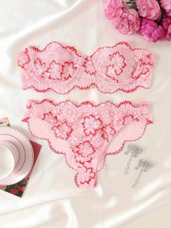 Women's Floral Lace Scallop Trim Sheer Sexy Lingerie Two-Piece Set, Romantic Elegant Cut Out Bandeau Bra & Thong, Ladies Underwear for All Seasons