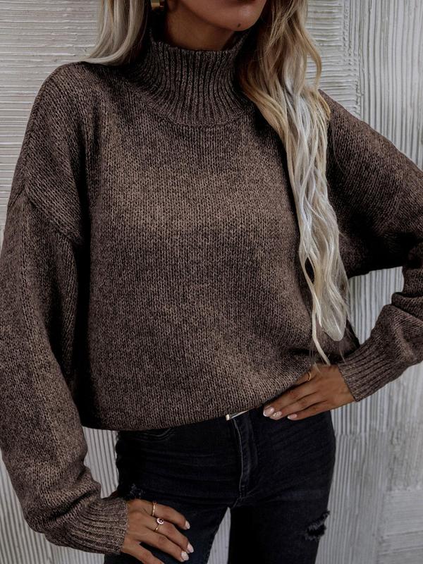 Women's Solid Drop Shoulder High Neck Sweater, Casual Long Sleeve Jumper for Fall & Winter, Fashion Ladies' Knitwear for Daily Wear