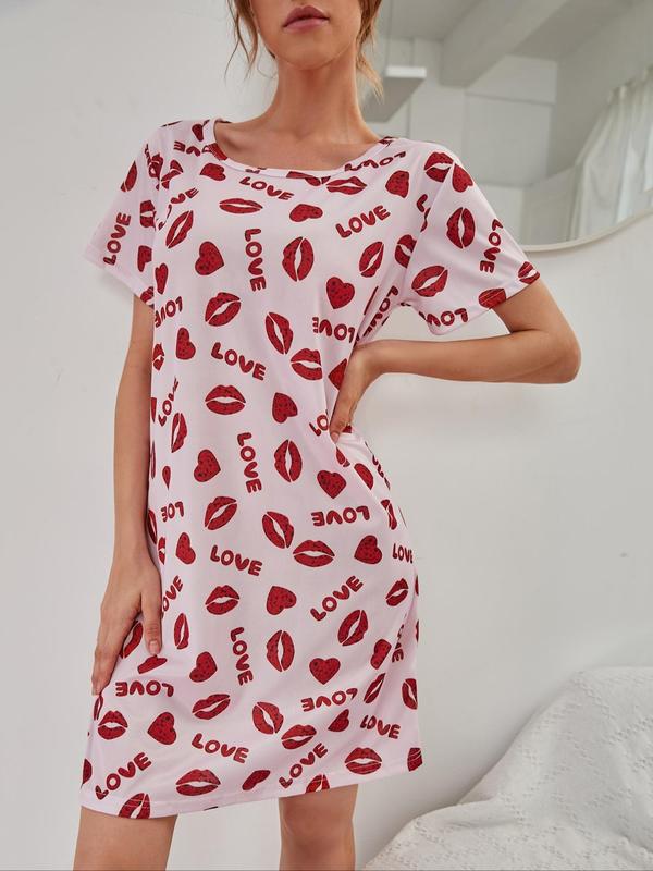 Women's Letter All Over Print Round Neck Nightdress, Casual Comfy Short Sleeve Nightgown for Daily Home Wear, Ladies Sleepwear for All Seasons