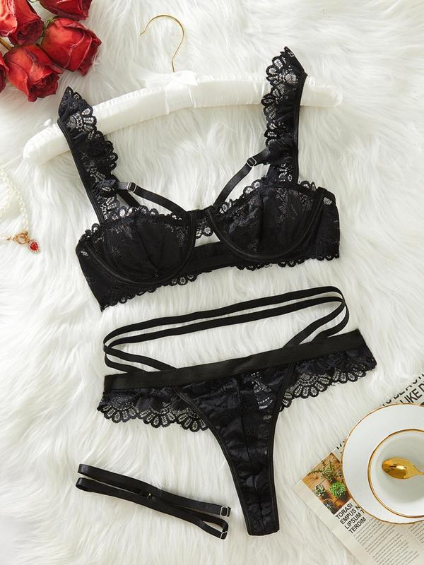 Women's Contrast Lace Bra & Thigh Ring & Thong Set, Sexy Scallop Trim Lingerie Set, Women's Underwear Set for All Seasons