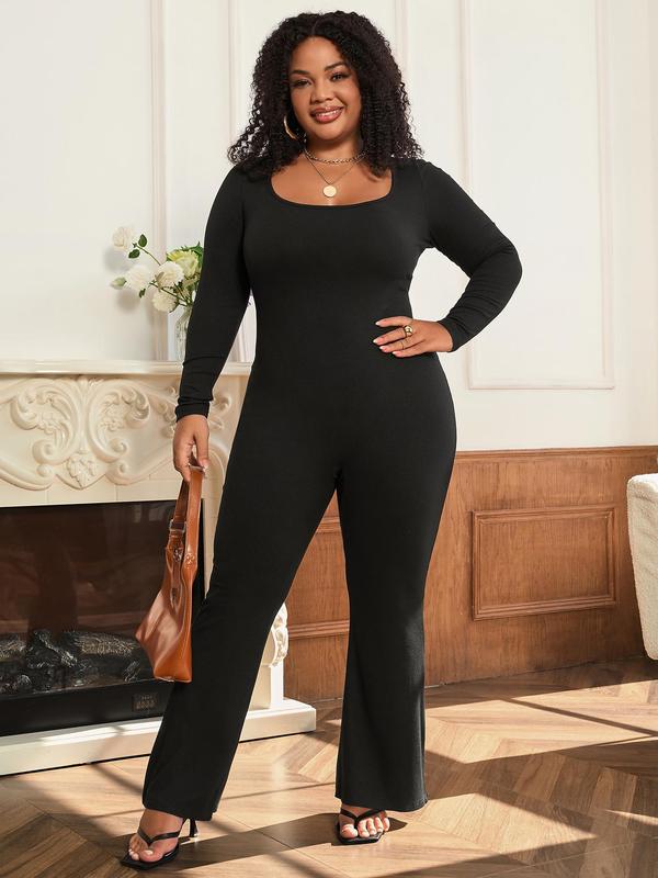 CURVZY Plus Size Fall Aesthetic Solid Keyhole Back Flare Leg Jumpsuit, Casual Long Sleeve Square Neck Skinny Jumpsuit for Spring & Fall, Women's Clothes for Daily Wear