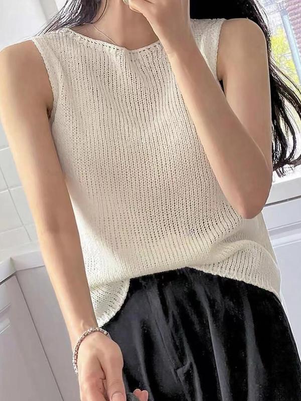 Women's Solid Round Neck Sweater Vest, Summer Clothes Women, Womenswear, Lady Casual Sleeveless Knitwear Top for Spring & Summer, Summer Tops, Summer Outfits 2024,