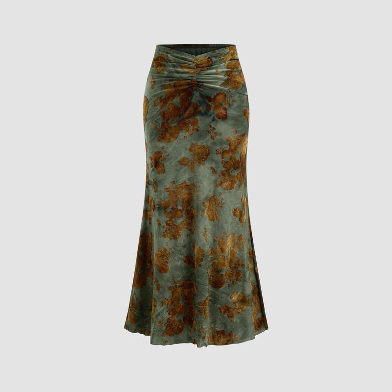 Cider [3 colors, size 2-10] Mid Rise Floral Ruched Maxi Skirt