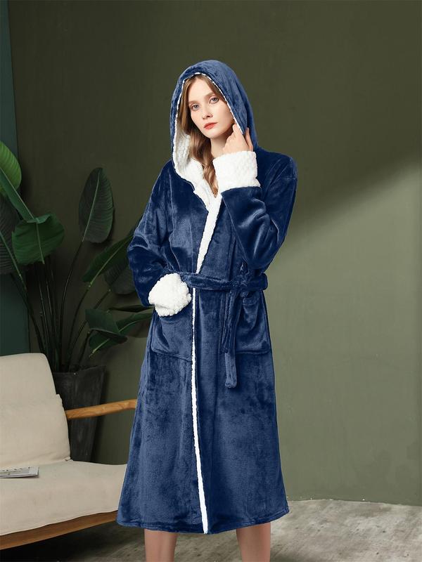 Women's Solid Thickened Belted Hooded Flannel Robe, Comfort PJ for Homewear, Casual Long Sleeve Pocket Design Thermal Lined Bathrobe for Fall & Winter, Women's Sleepwear for Indoor Home Wear