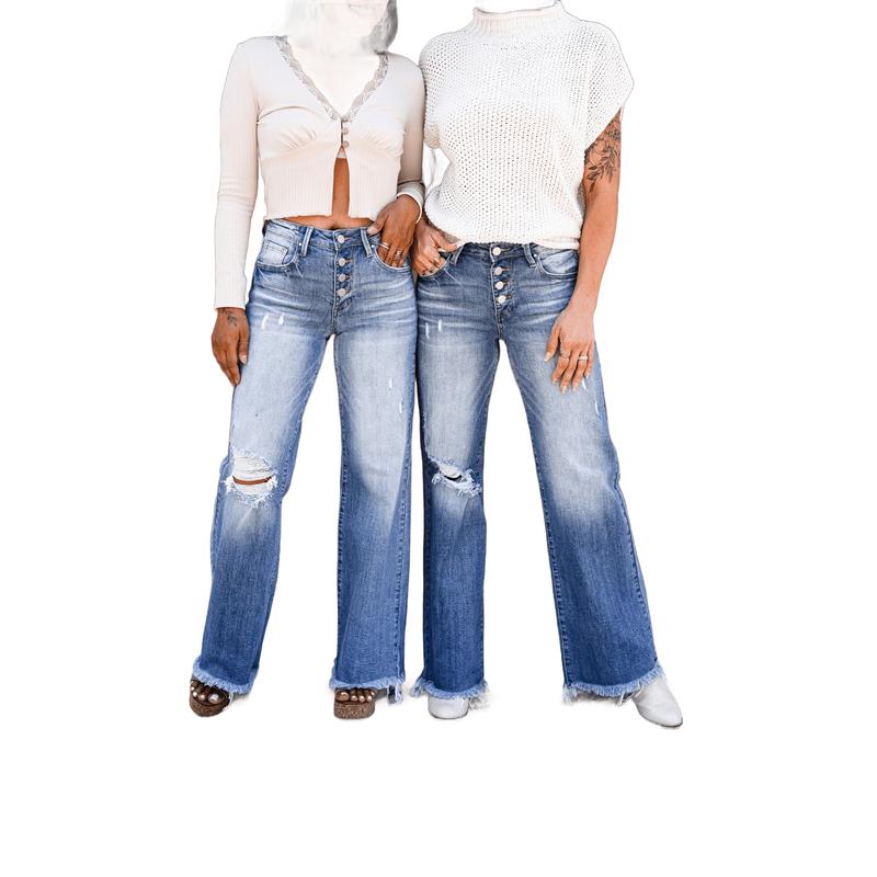 Risen Shape of You  Mid Rise Medium Wash Button Down Wide Leg Jeans