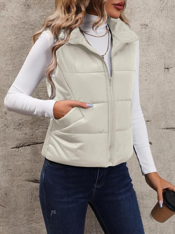 Women's Solid Zip Up Funnel Neck Puffer Vest Coat without Tee, Casual Pocket Design Thermal Waistcoat Outerwear for Fall & Winter, Women's Clothing for Daily Wear