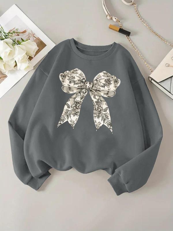 Women's Bow Decor Pullover Sweatshirt, Casual Long Sleeve Crew Neck Sweatshirt for Daily Wear, Ladies Clothes for All Seasons