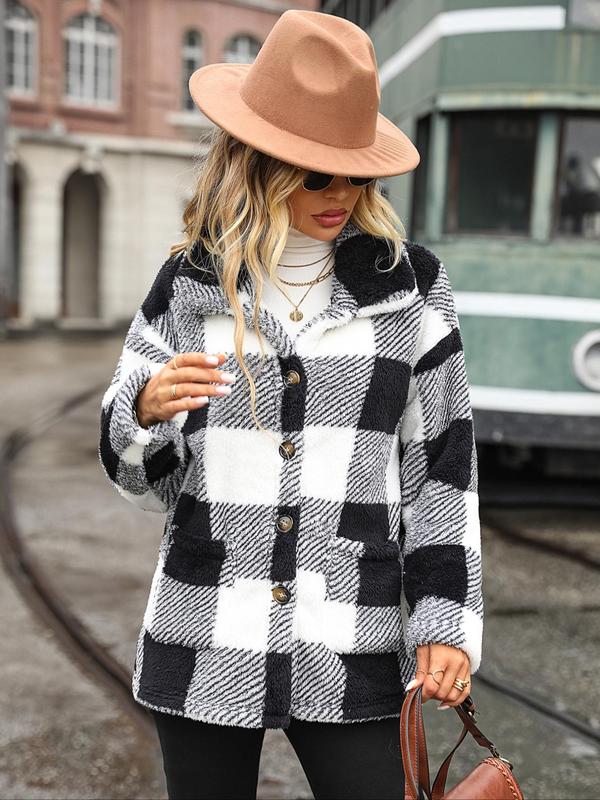 Women's Plaid Print Button Front Drop Shoulder Plush Coat Without Necklace & Sweater, Casual Long Sleeve Pocket Collared Outerwear For Fall & Winter, Women's Clothes For Daily Wear