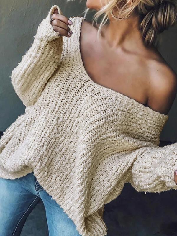 Women's Plain Drop Shoulder V Neck Sweater, Casual Long Sleeve Jumper for Spring & Fall, Fashion Women's Knitwear for Daily Wear