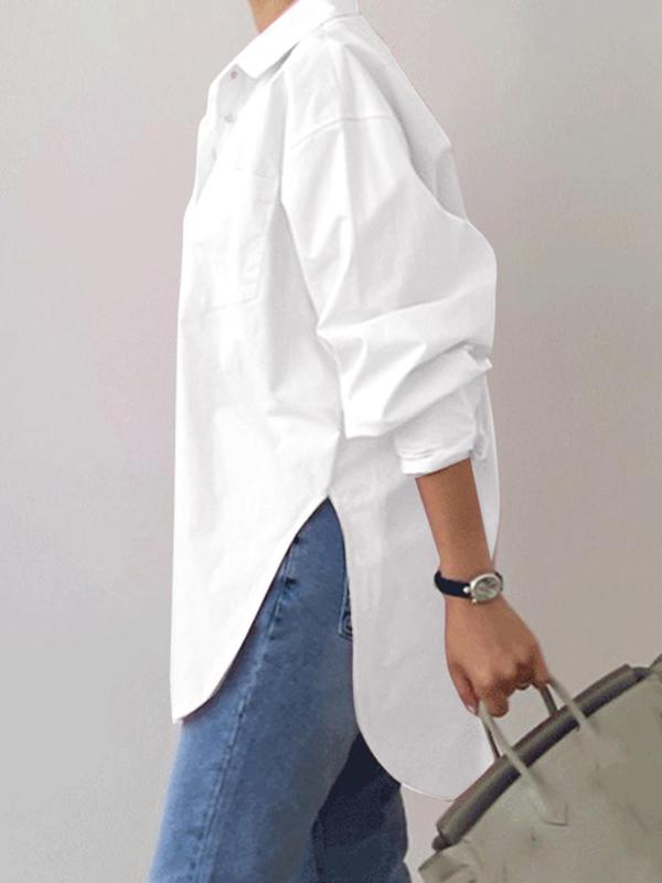 Women's Plain Button Front Drop Shoulder Shirt, Casual Long Sleeve Collared Top for Fall & Winter, Women's Clothing for Daily Wear