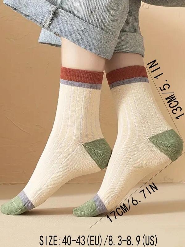 Women's 5 Pairs Colorblock Crew Socks, Fashion Casual Cozy Breathable Mid-calf Socks for Daily Outdoor Wear, Women Socks for Spring Fall