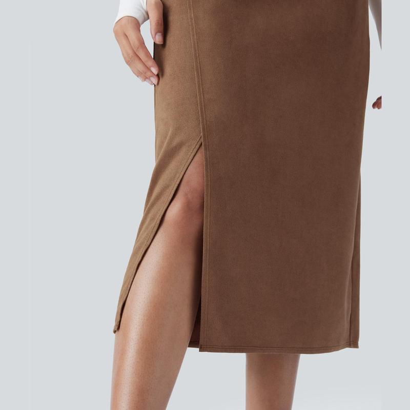 Halara High Waisted Side Pocket Split Suede Midi Work Skirt