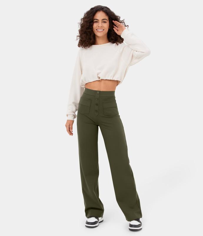 High Waisted Button Multiple Pockets Straight Leg Casual Pants