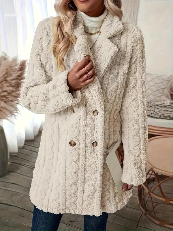 Women's Solid Double Button Cable Knit Fleece Jackets, Casual Long Sleeve Lapel Neck Thermal Lined Outerwear for Fall & Winter, Women's Clothing for Daily Wear