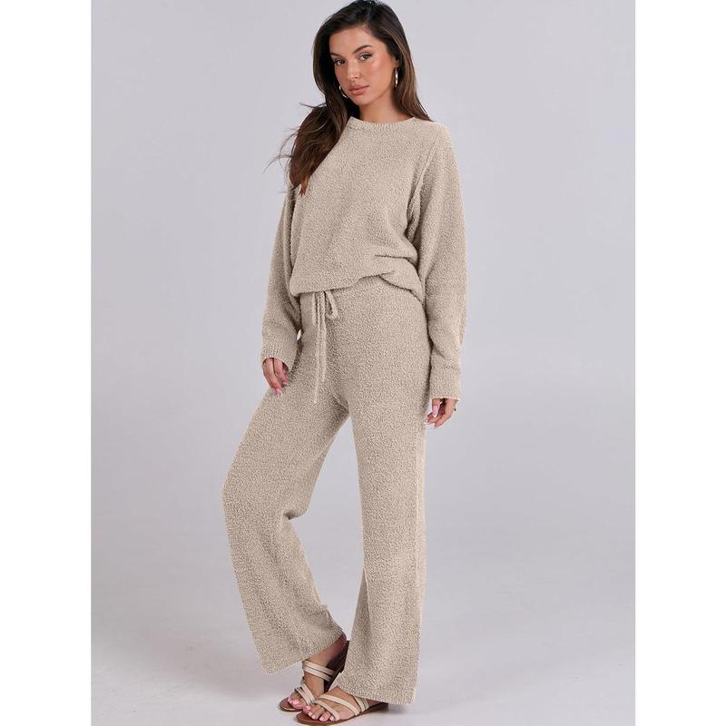 Women's Fuzzy Fleece Pajama Sets 2 Piece Outfits Long Sleeve Top Wide Leg Pants Lounge Matching Set 2024 Case Winter