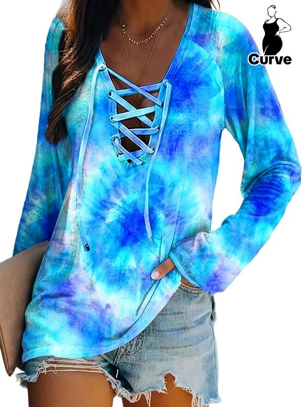 Plus Size Summer Tie Dye Print Lace Up Raglan Sleeve Tee, Women's Summer Clothes, Casual 2000s Y2K Long Sleeve T-Shirt for Spring & Fall, Womens Clothing, Women's Top for Daily Wear, Basic Womenswear