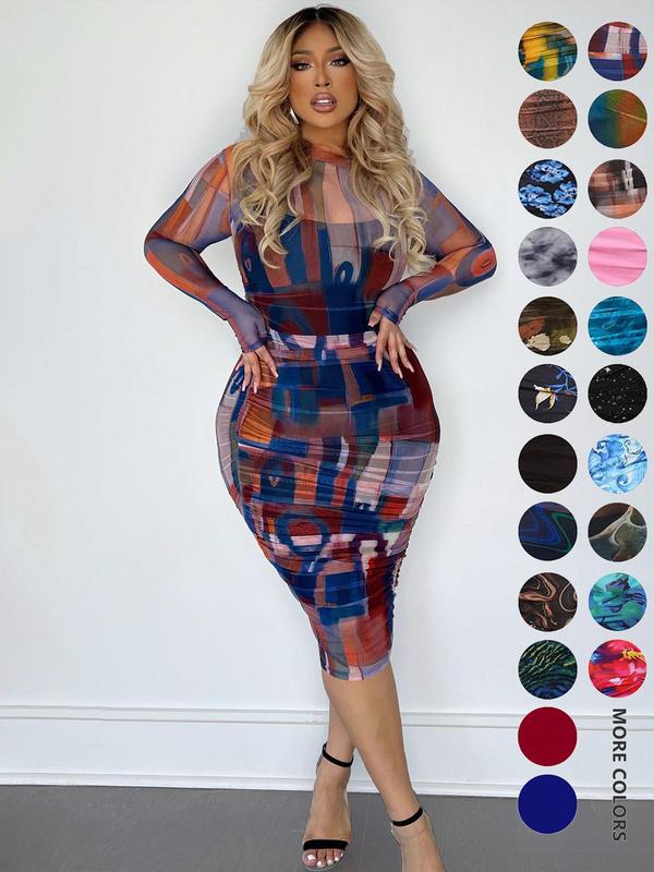 Women's All Over Print Ruched Sheer Bodycon Dress & Spaghetti Strap Cami Dress Set, Mock Neck Long Sleeve Midi Dress & Inner Dress, Ladies Spring & Fall Clothes, Fall Clothing