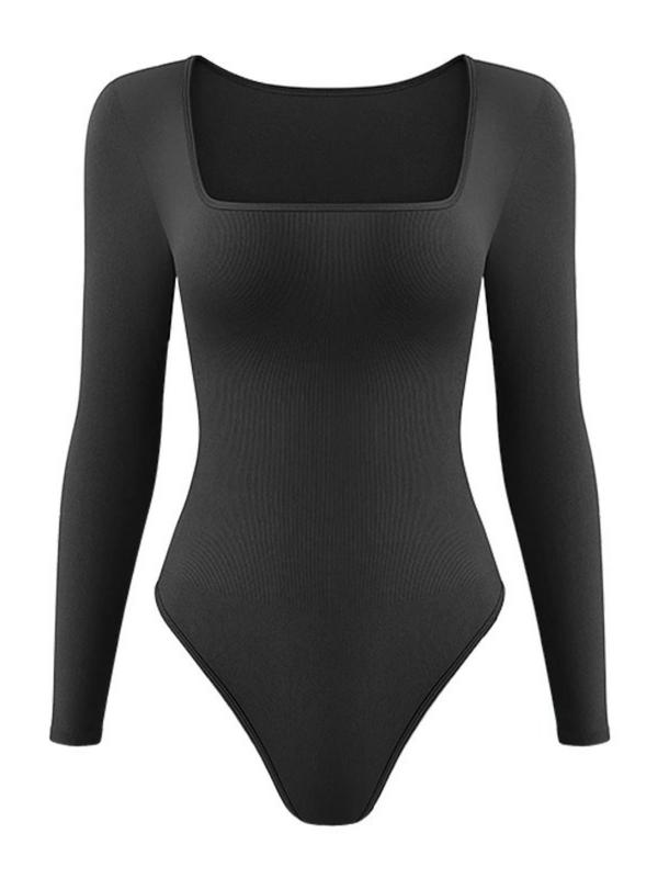 Women's Solid Square Neck Long Sleeve Shapewear Bodysuit, Casual Comfy Tummy Control Shaper for Daily Wear, Ladies Shapewear for All Seasons Womenswear Tops Womenswear Tops