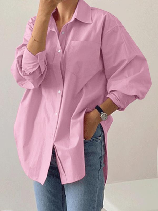 Women's Plain Button Front Drop Shoulder Shirt, Casual Long Sleeve Collared Top for Fall & Winter, Women's Clothing for Daily Wear