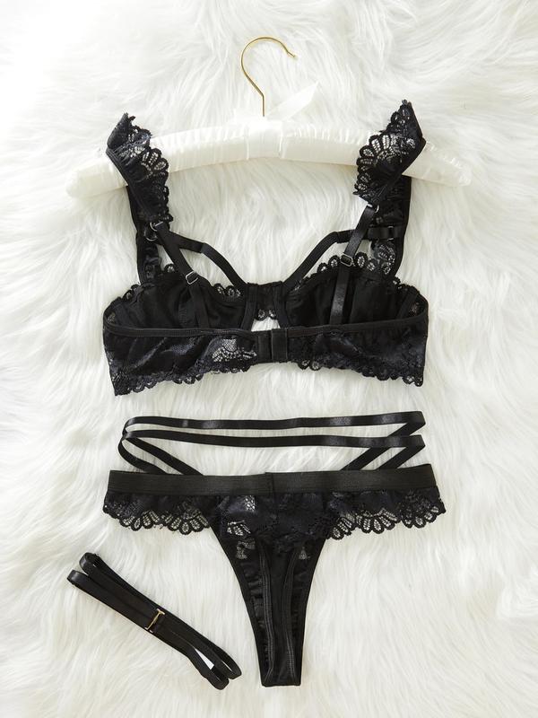 Women's Contrast Lace Bra & Thigh Ring & Thong Set, Sexy Scallop Trim Lingerie Set, Women's Underwear Set for All Seasons