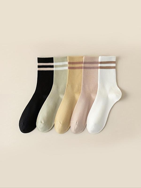 Women's 6 Pairs Striped Print Crew Socks, Fashion Casual Preppy Style Soft Comfort Breathable Socks for Daily School Wear, Lady Socks for All Seasons, Womenswear