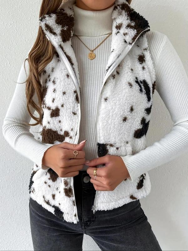 Women's All Over Cow Print Pocket Zip Up Fuzzy Vest Coat, Casual Stand Collar Sleeveless Outerwear for Daily Wear, Ladies Clothes for All Seasons