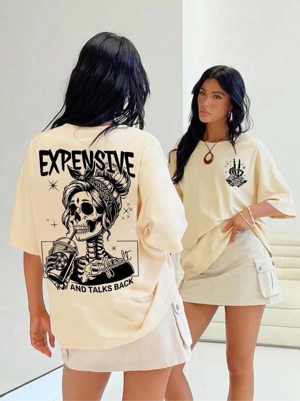 Women's Skull & Rose Print Drop Shoulder Tee, Casual Short Sleeve Round Neck T-shirt for Daily Wear, Ladies Clothes for All Seasons, Halloween Shirt