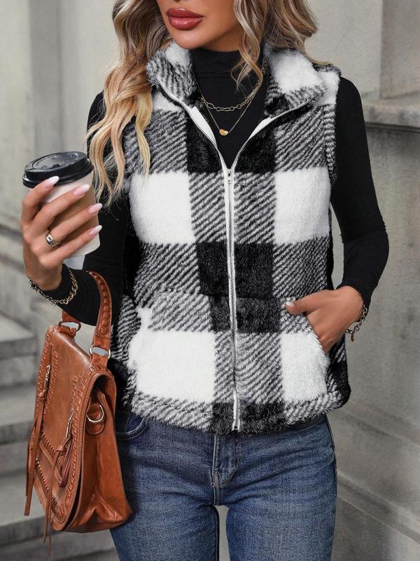 Women's Plaid Print Pocket Zip Up Fuzzy Vest Jacket, Casual Stand Collar Sleeveless Outerwear for Fall & Winter, Ladies Clothes for Daily Wear