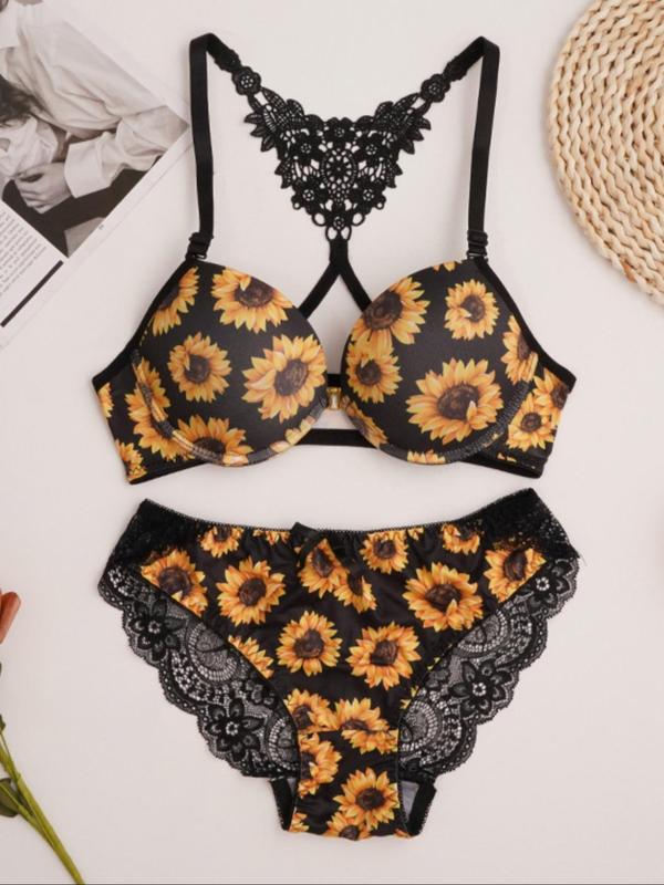 Two-Piece Set Women's Sunflower Print Contrast Lace Push Up Bra & Knicker Set, Adjustable Strap Sheer Lingerie Top & Panty Set, Lingerie Set for Women