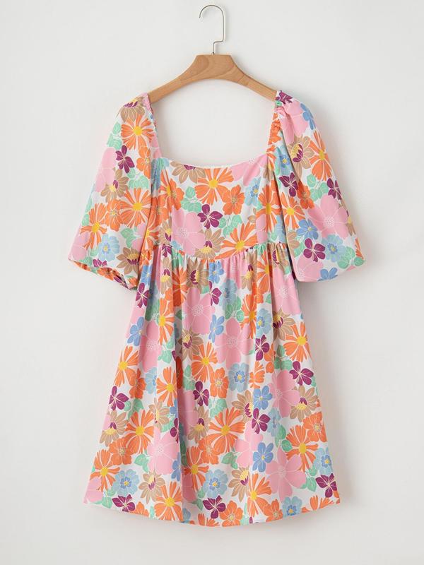 Women's Floral Print Puff Sleeve Vintage Smock Dress, Dresses for Women, Summer Dresses 2024, Boho Romantic Short Sleeve Square Neck A Line Sundresses for Vacation Wedding Guest, Ladies Summer Clothes, Women's Back To School Clothing