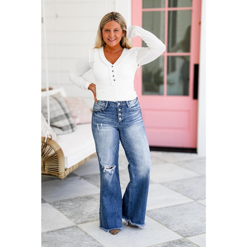 Risen Shape of You  Mid Rise Medium Wash Button Down Wide Leg Jeans